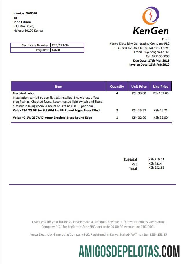 Para baixar modelo de conta de serviços públicos da empresa geradora de eletricidade KenGen do Quênia em formato Word e PDF